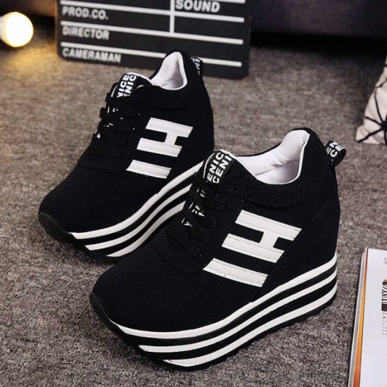 Trendy Platform Sneakers with Bold Stripes and Wedge Heel S-34