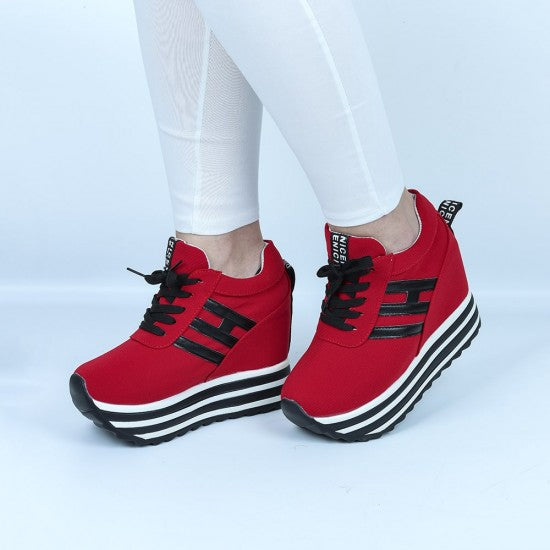 Trendy Platform Sneakers with Bold Stripes and Wedge Heel S-34