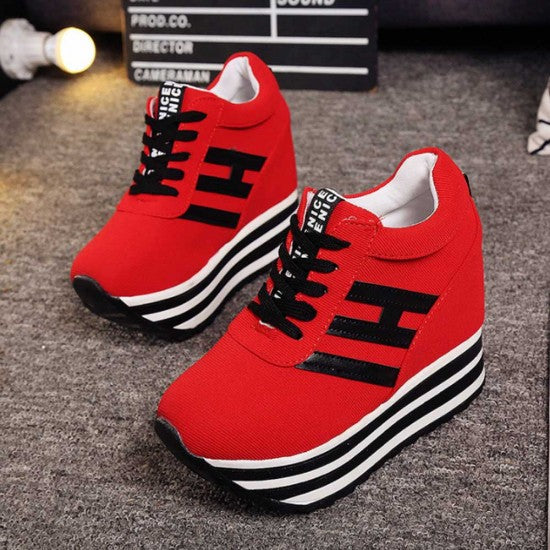 Trendy Platform Sneakers with Bold Stripes and Wedge Heel S-34