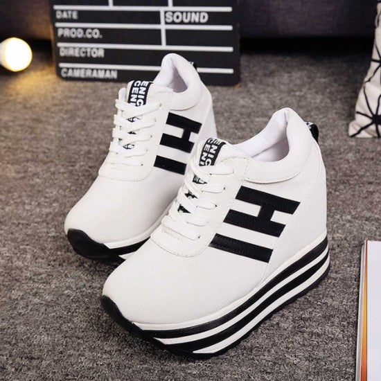 Trendy Platform Sneakers with Bold Stripes and Wedge Heel S-34
