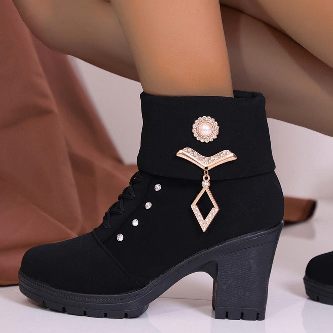 Trendy High Heel Ankle Boots for Women with Stylish Embellishments S-172