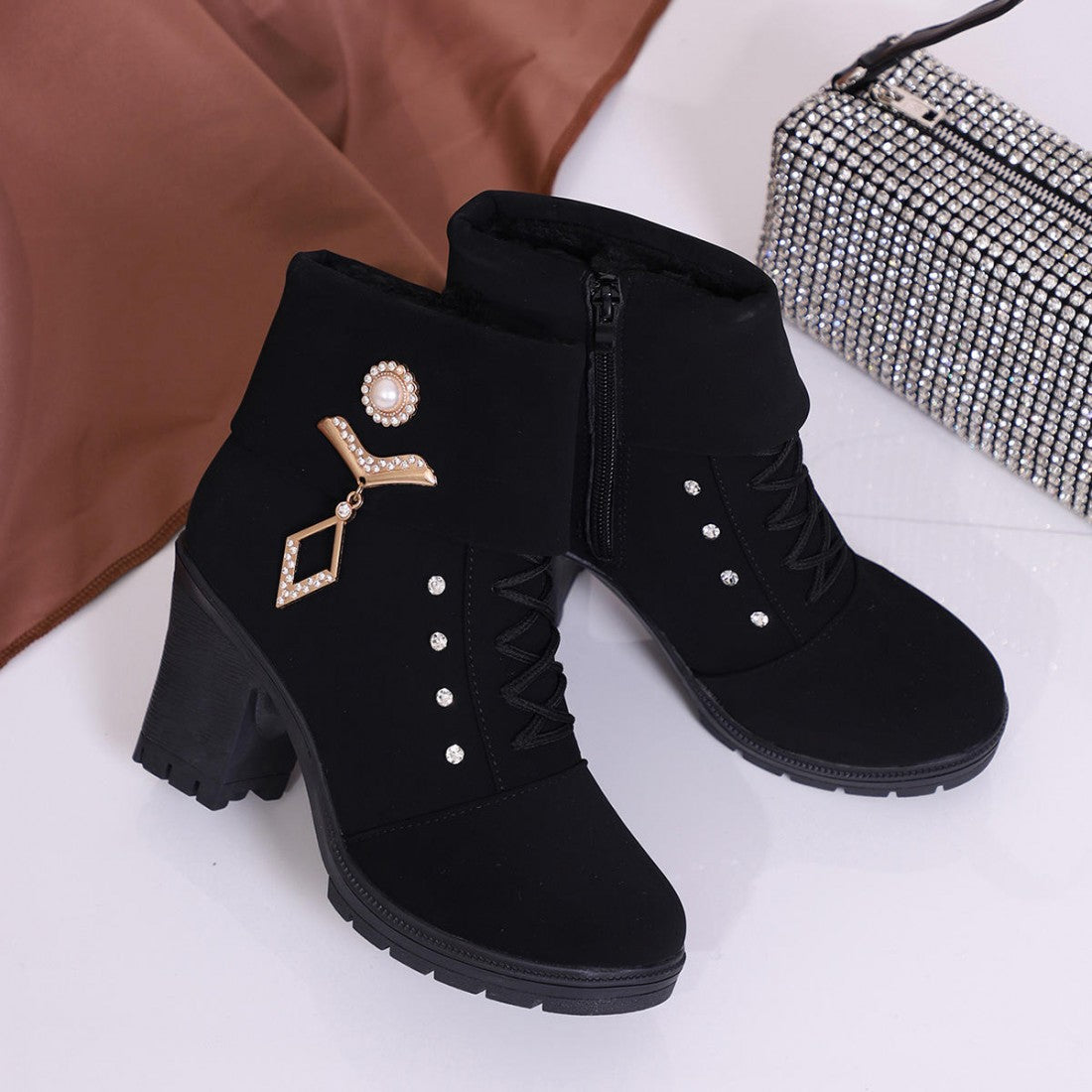 Trendy High Heel Ankle Boots for Women with Stylish Embellishments S-172