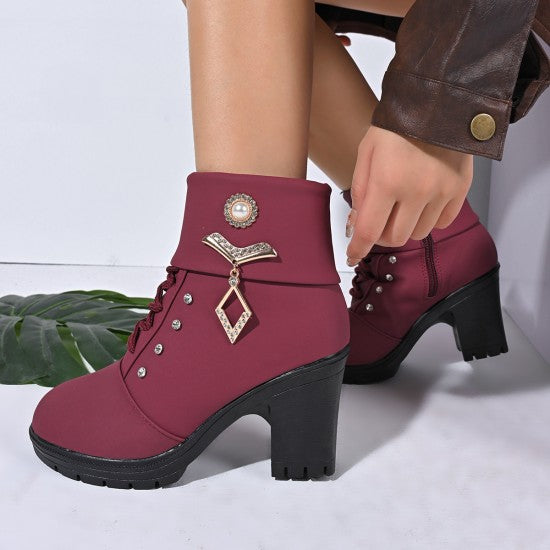 Trendy Brown High Heel Ankle Boots for Women with Stylish Embellishments