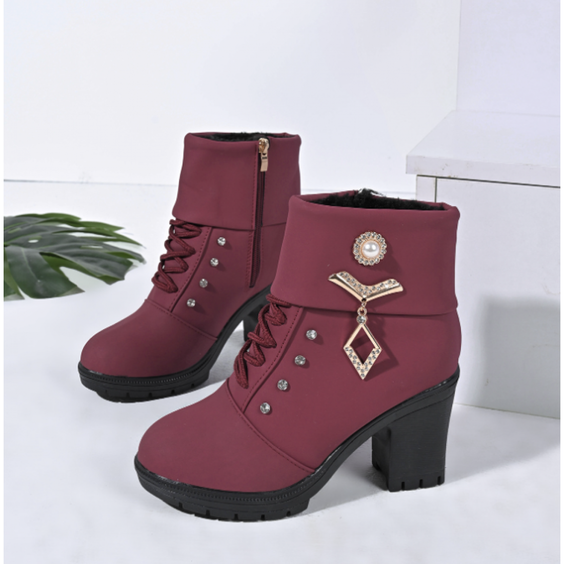 Trendy High Heel Ankle Boots for Women with Stylish Embellishments S-172