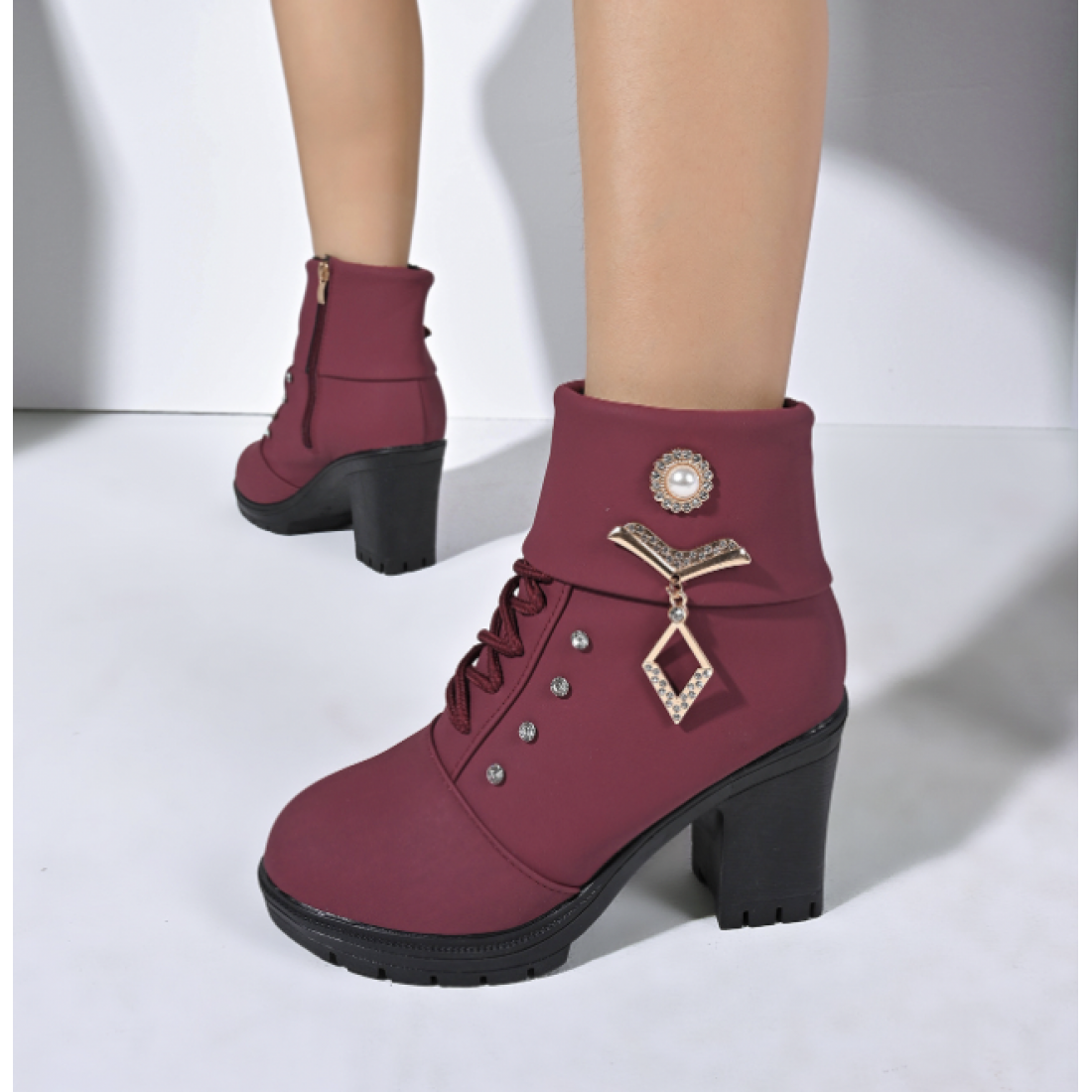 Trendy High Heel Ankle Boots for Women with Stylish Embellishments S-172