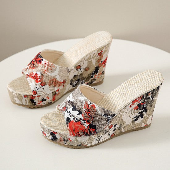 Vibrant Floral Embellished Wedge Sandals