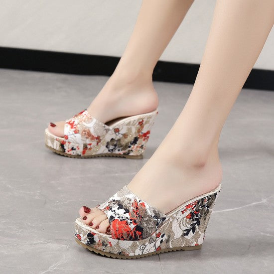 Vibrant Floral Embellished Wedge Sandals