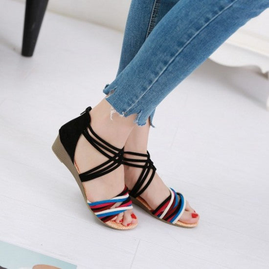 Vibrant Strappy Sandals: Multi-Colored Bands Meet Stylish Black Interwoven Design S-10