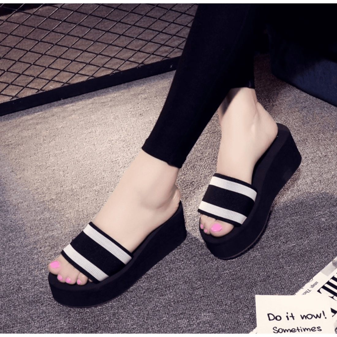Wedge Slippers with Bold White Stripes S-165