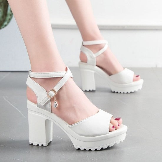 Black Open Toe Chunky High Heels Sandals