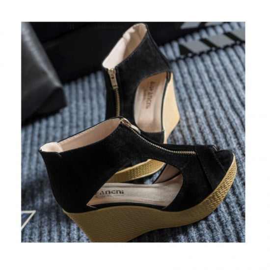 Modern Suede Wedges with Gold Zip Detail and Espadrille Black Heel