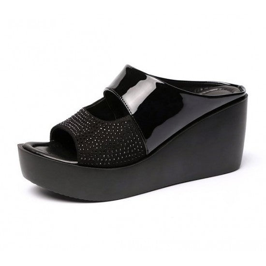 Bold Black Patent Leather Wedge Sandals with Rhinestone Detail S-29
