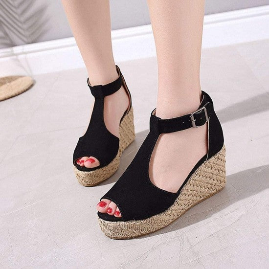 Women Peep Toe Buckle Up Wedge Heel Sandals -Pink