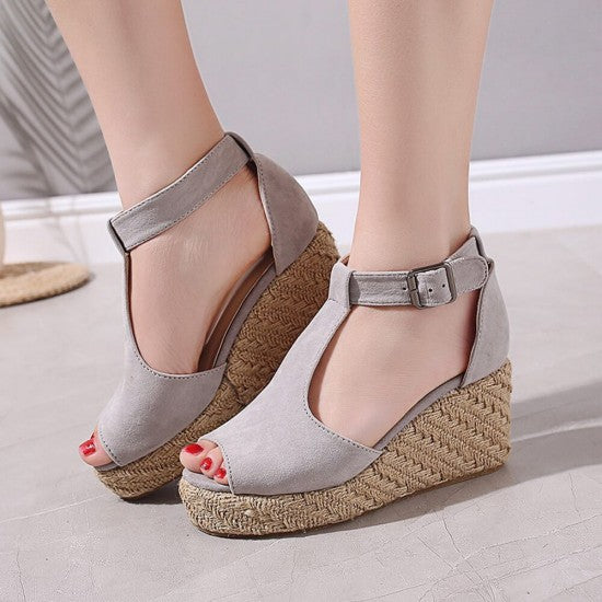 Women Peep Toe Buckle Up Wedge Heel Sandals -Pink