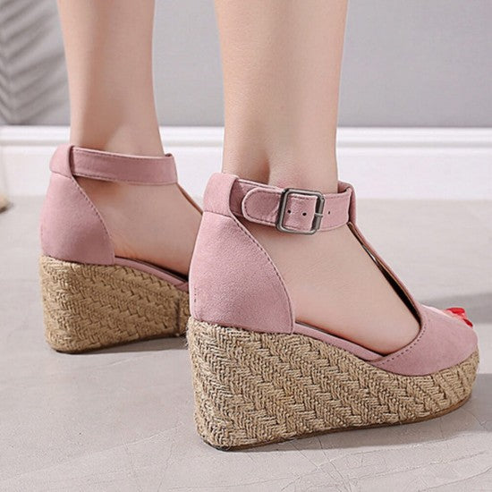 Women Peep Toe Buckle Up Wedge Heel Sandals -Pink