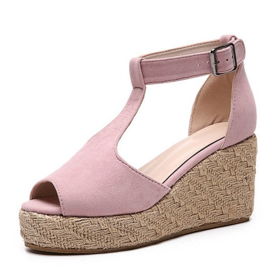 Women Peep Toe Buckle Up Wedge Heel Sandals -Pink