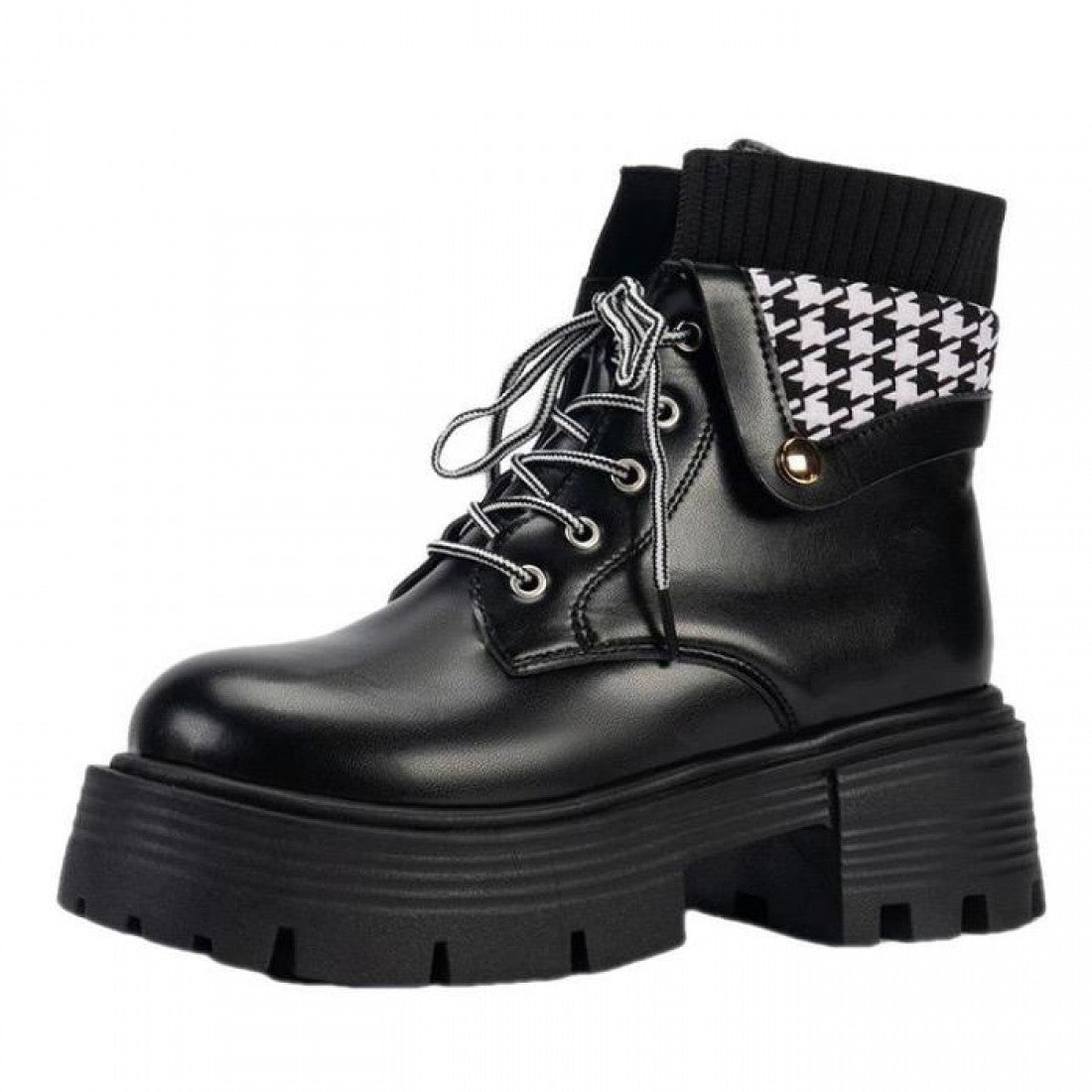 Women’s Chunky Ankle Boots with Houndstooth Knit S-173